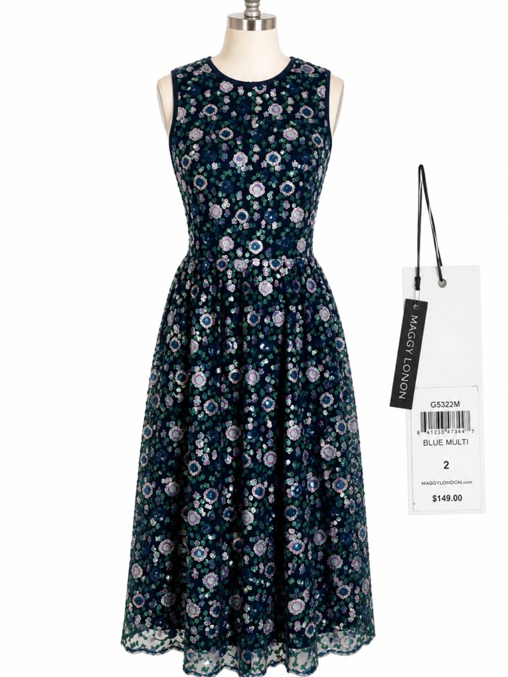 Maggy London Navy Blue Multi Floral Embroidered Sleeveless Midi Dress size 2 NWT